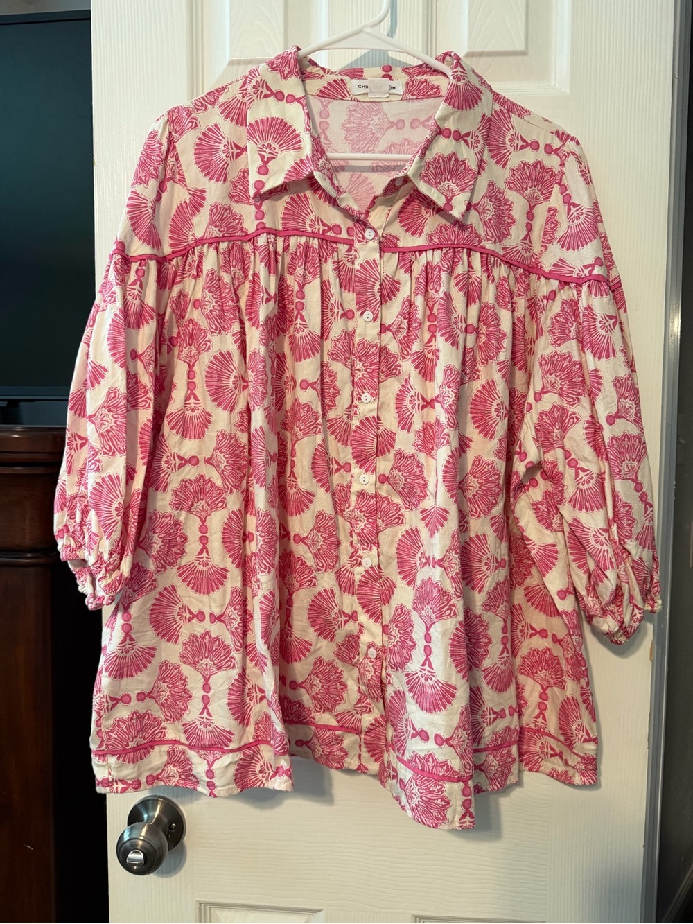 Relaxed Pink and Cream Button-Up Women’s Top